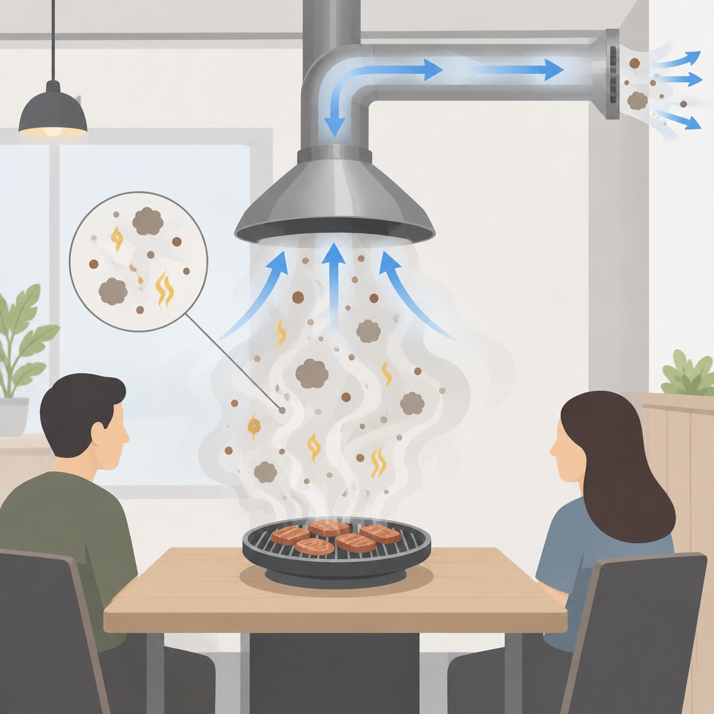 AI 생성 설명 이미지: 안산일동맛집 유니드정육식당 | 고기 구이 연기와 냄새는 어떻게 퍼질까?